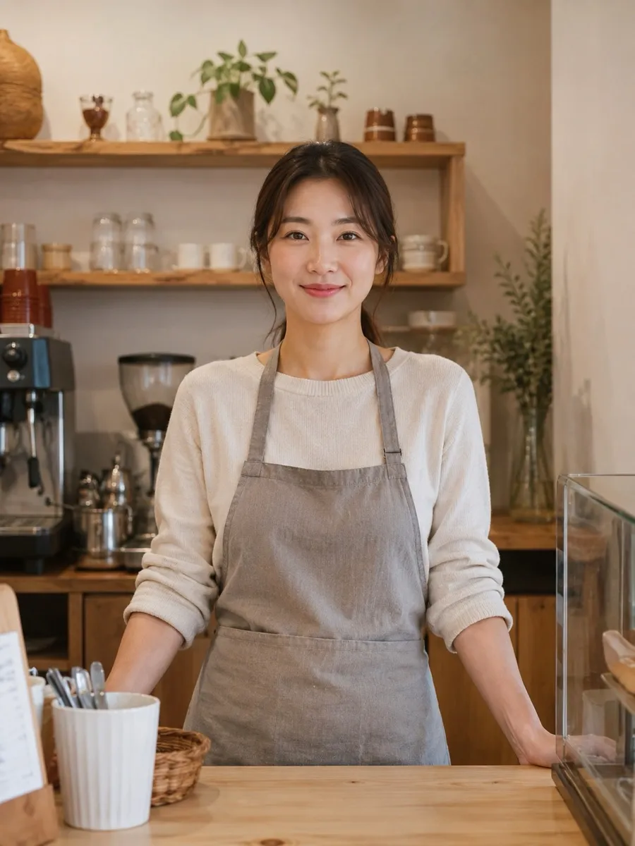 카운터 뒤에 앞치마를 두르고 선 사람